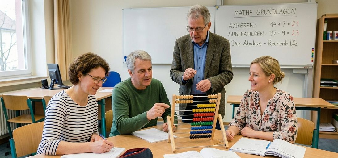3 Erwachsene Personen mit Referent beim Mathematik-lernen